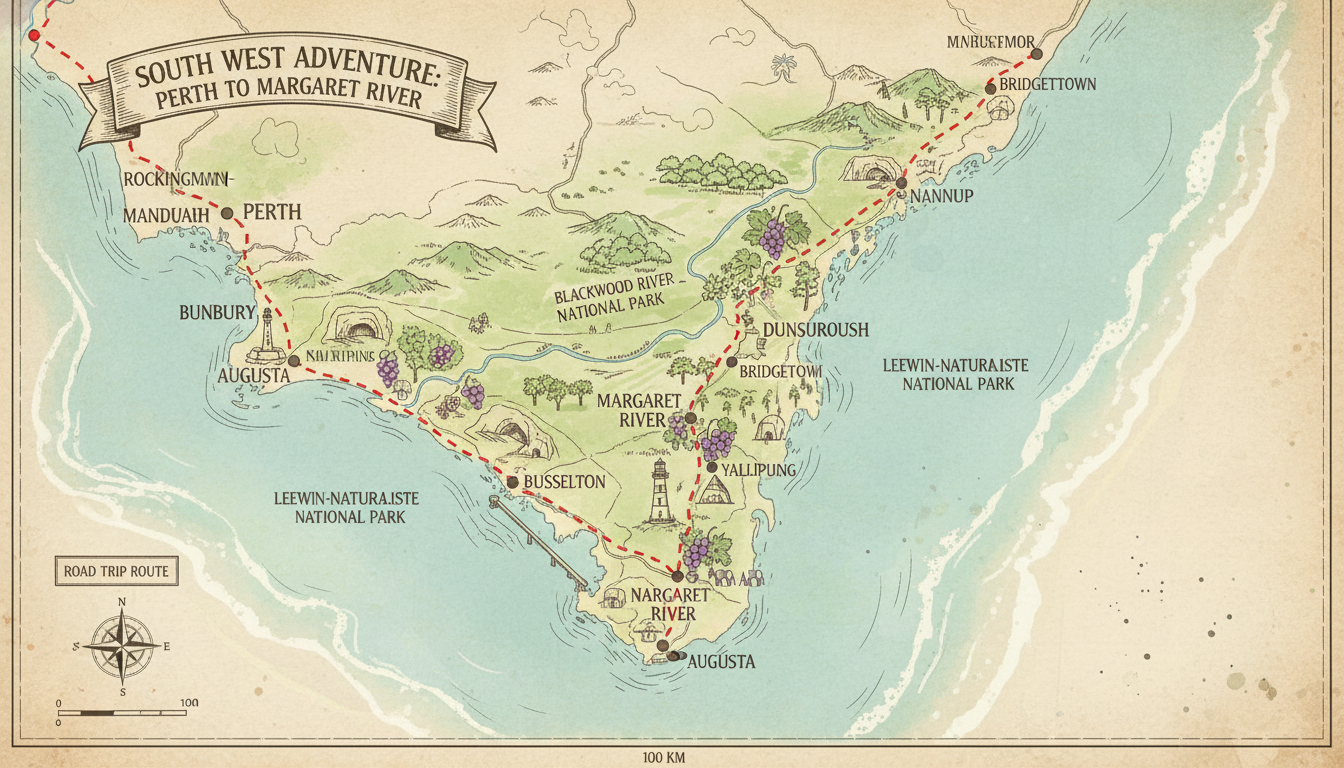 Image: A detailed map of Western Australia's South West region highlighting a road trip route from Perth to Margaret River, passing through Busselton. The map should show key landmarks, national parks, and coastal towns, with subtle artistic overlays of vineyards and beaches.