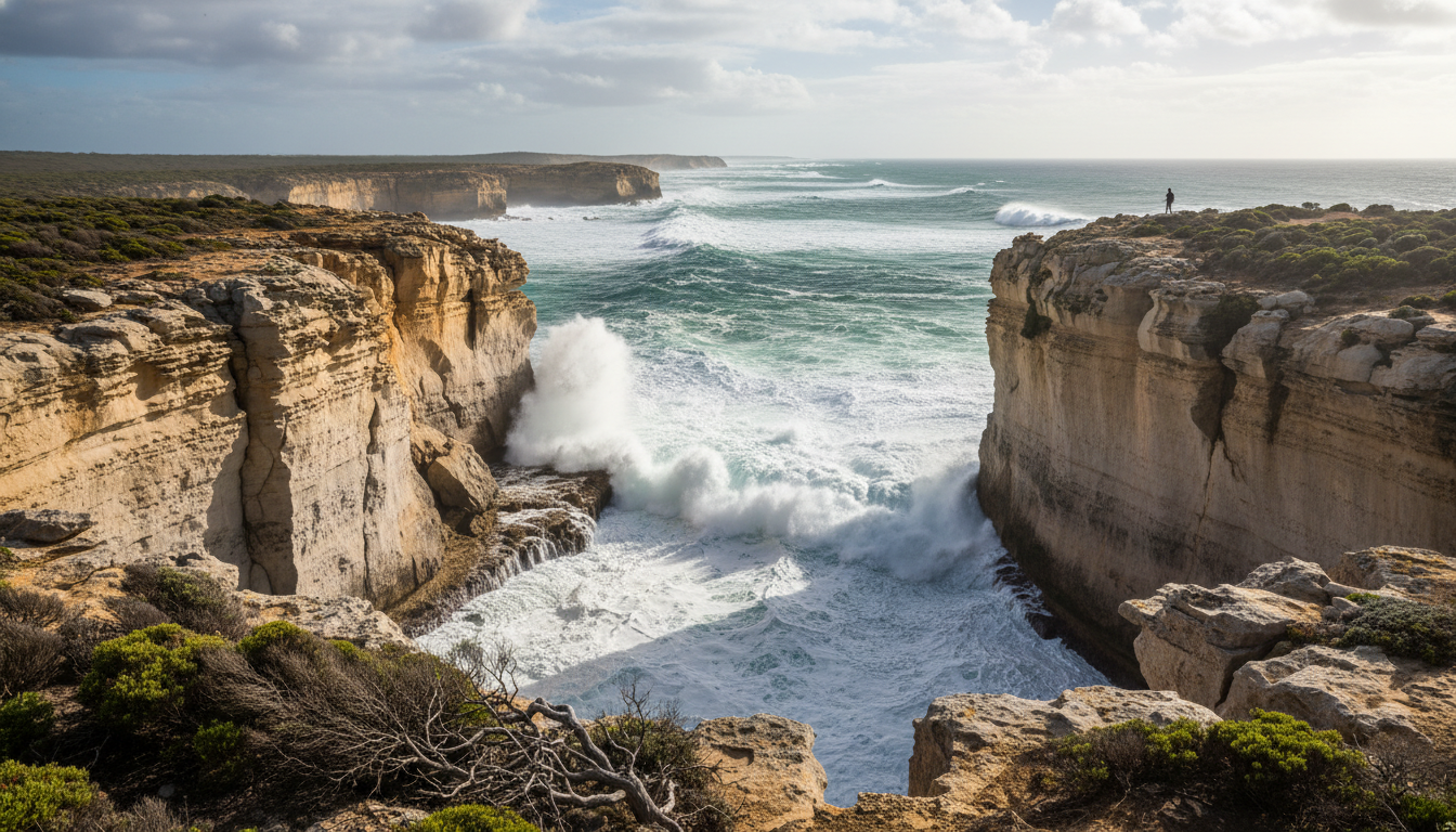 Image: Dramatic, rugged limestone cliffs of the Margaret River coastline, with powerful turquoise waves crashing against their base. The sky is partly cloudy, and native coastal vegetation clings to the cliff tops. A lone figure stands on a distant lookout point, emphasizing the scale.