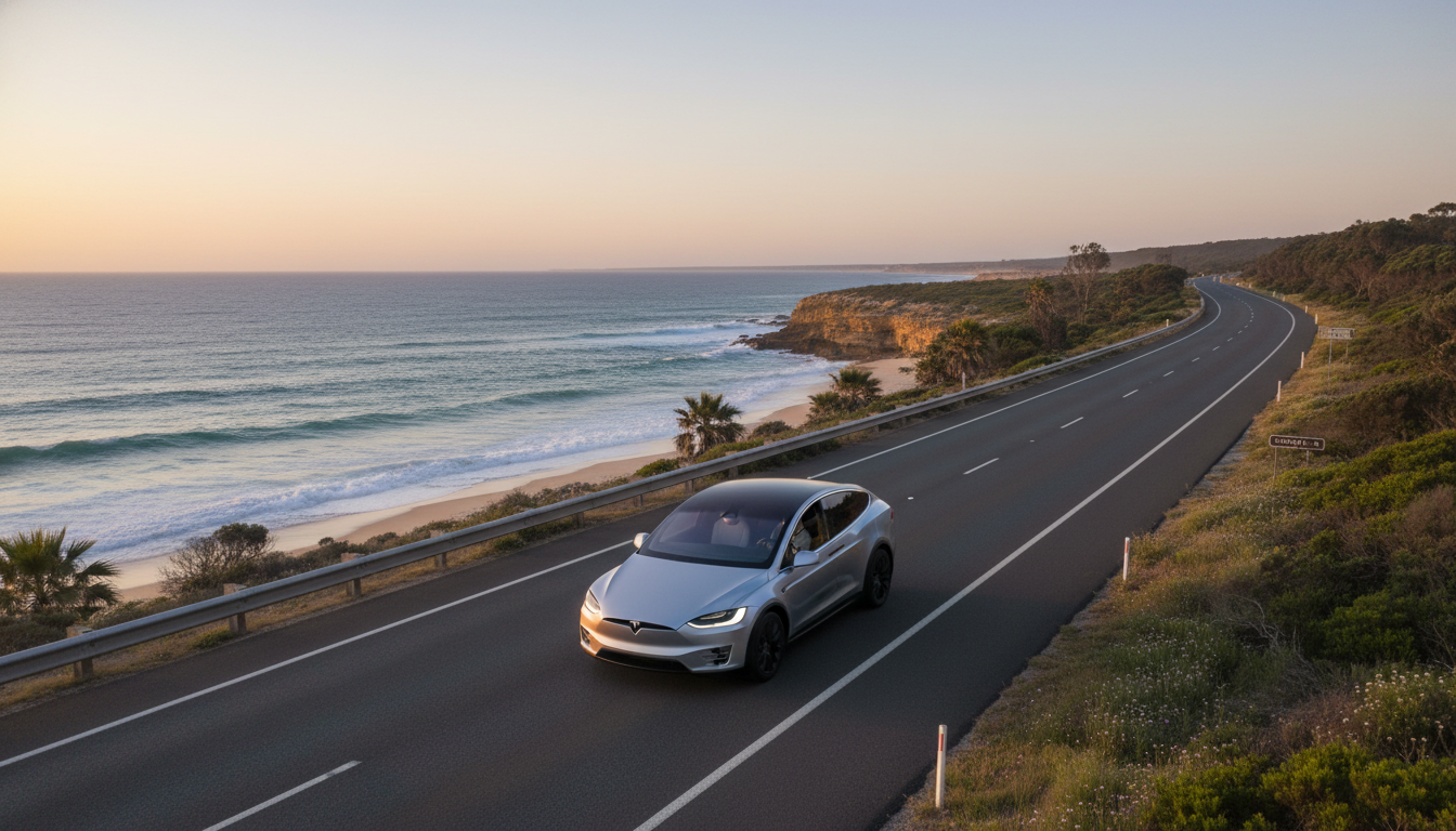 Image: A modern SUV driving on a well-maintained, scenic coastal road in Western Australia, with the Indian Ocean visible on one side and native bushland on the other. The sky is clear, and the sun is beginning to set, casting a warm glow.