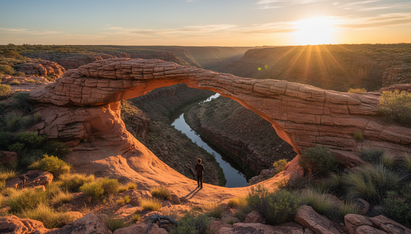 Image: A wide shot of Nature's Window in Kalbarri National Park, Western Australia, at sunrise. The iconic sandstone arch frames the winding Murchison River Gorge below, bathed in warm golden light. The surrounding rugged landscape shows distinct layers of red and orange rock, with sparse, hardy native vegetation. A lone figure stands respectfully near the arch, adding a sense of scale.