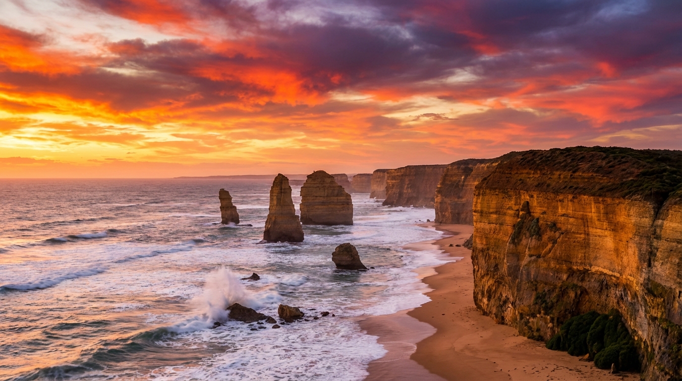 Image: The iconic Twelve Apostles rock formations along the Great Ocean Road at sunset, with powerful waves crashing against the cliffs and a dramatic, colourful sky.