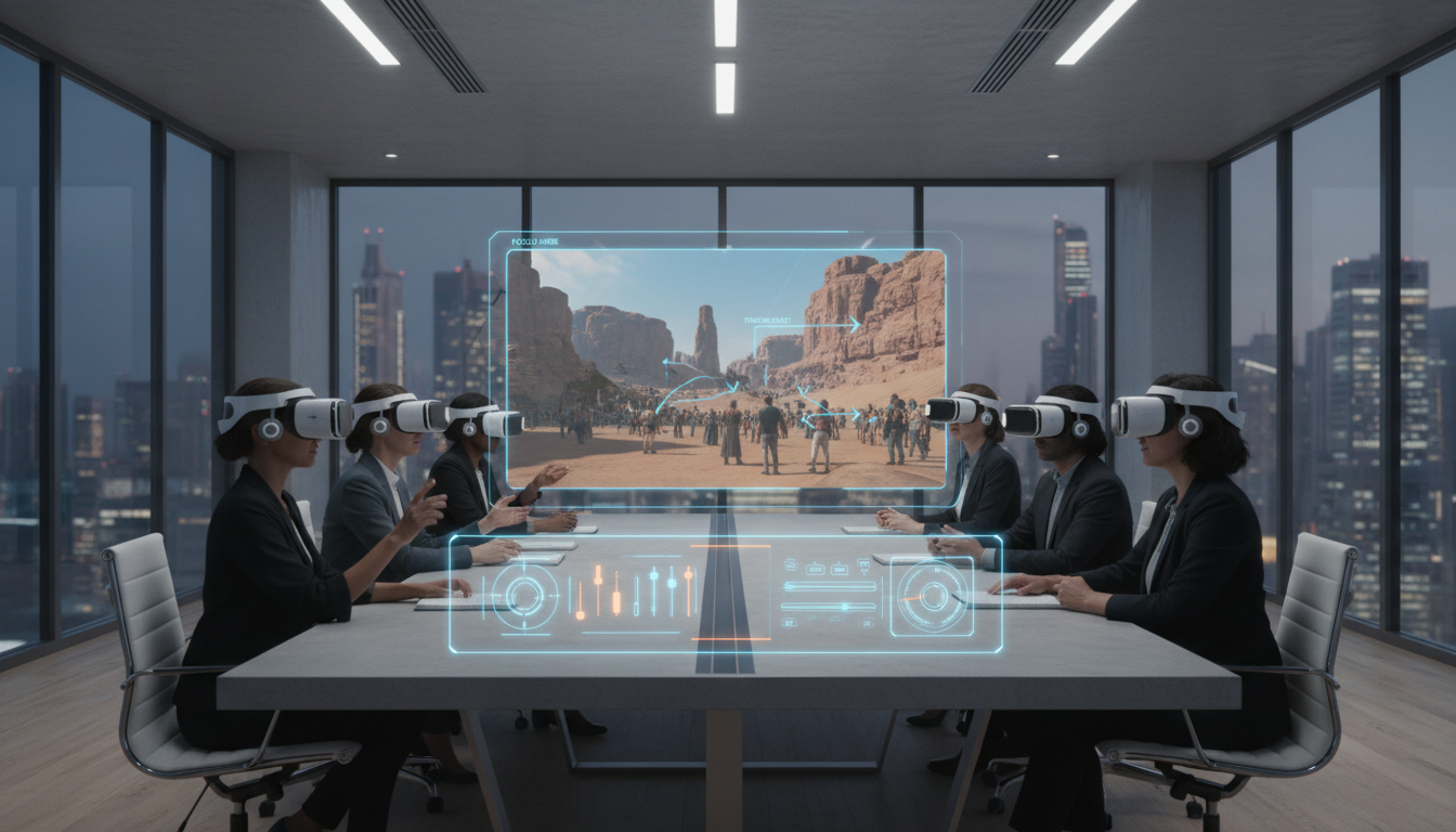 Image: A group of diverse creative professionals wearing sleek VR headsets, collaborating in a modern, minimalist conference room. On a large transparent screen in front of them, a live virtual environment is displayed, showing a remote video shoot in progress, with virtual camera controls and annotations.