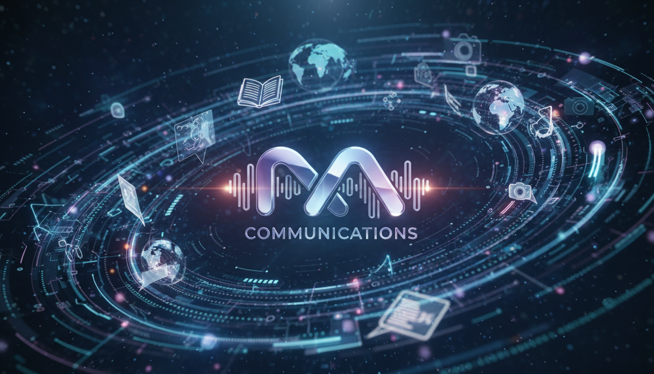 Image: A stylized M&M Communications logo glowing softly amidst a swirling backdrop of abstract data streams and holographic projections, symbolizing innovation and storytelling. The overall feel is futuristic, elegant, and inspiring.