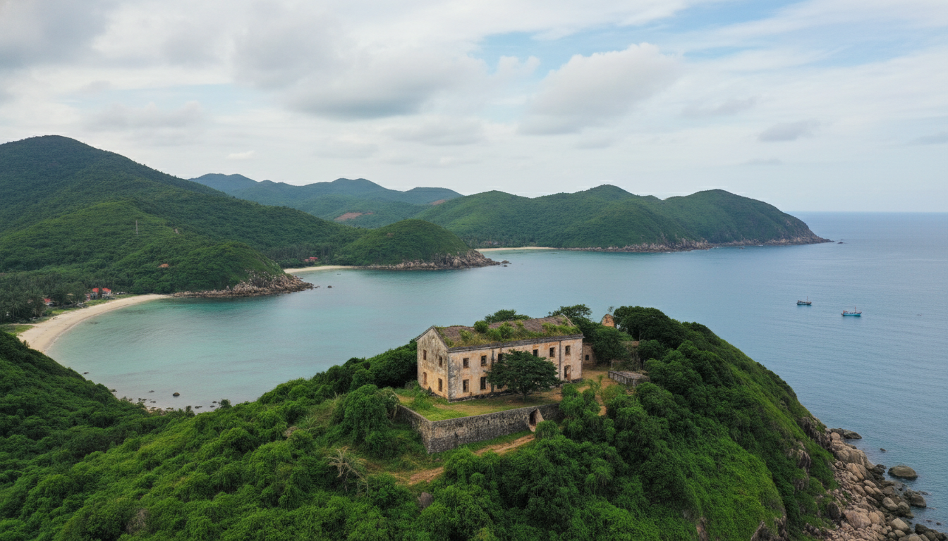 Image: A panoramic view of Con Dao Island, showcasing its lush green hills meeting the turquoise sea, with a glimpse of an old, weathered prison building nestled amidst the vegetation. The sky is partly cloudy, suggesting a mix of beauty and solemnity.