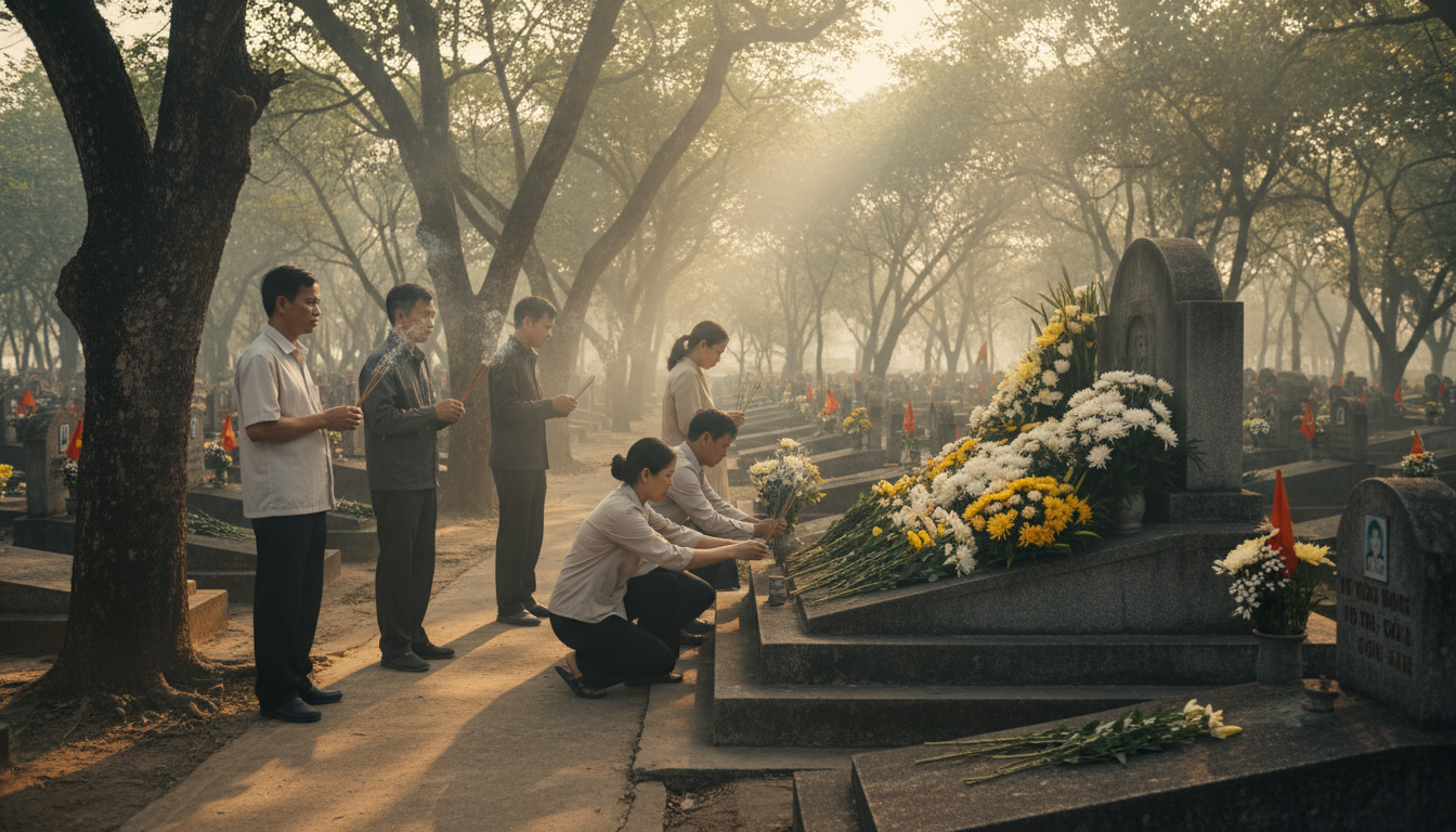 Image: A serene and respectful scene at Hang Duong Cemetery on Con Dao, with several visitors quietly placing flowers and burning incense at a decorated tomb, possibly Vo Thi Sau's. Sunlight filters through nearby trees, creating a peaceful yet solemn atmosphere.