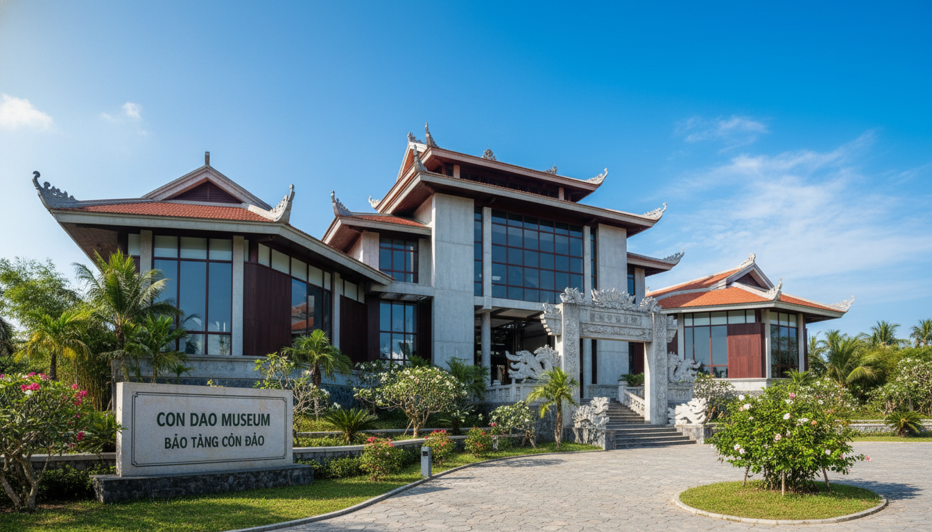 Image: The modern exterior of the Con Dao Museum, featuring contemporary architectural elements with traditional Vietnamese influences, surrounded by well-maintained gardens and clear blue sky. A prominent sign identifies it as "Con Dao Museum" in English and Vietnamese.