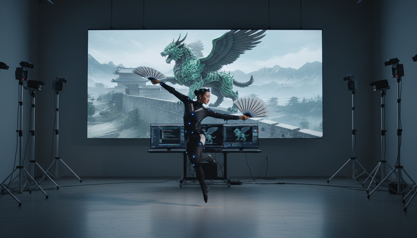 Image: A modern motion capture studio setup, with a dancer in a MoCap suit performing a graceful, traditional Asian dance. The background is a clean studio space, but on a large screen in the background, the captured movement is being rendered in real-time onto a highly detailed 3D model of an ancient warrior or a mythical creature, set against a digitally generated historical landscape. The scene should convey both technical precision and artistic expression.