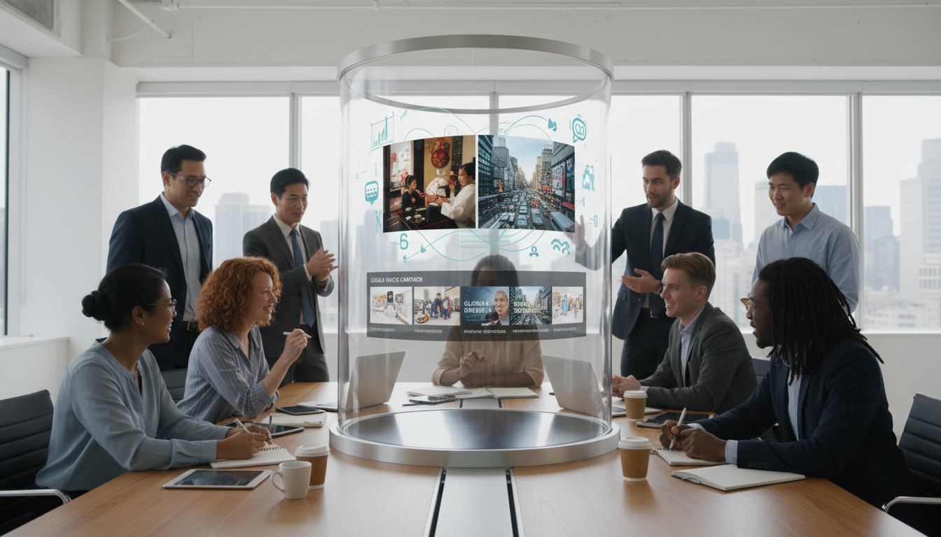 Image: A diverse group of M&M Communications team members, including marketers, creatives, and technical specialists, collaboratively brainstorming around a holographic display in a modern, brightly lit office. The display shows various video concepts, cultural elements, and data visualizations. The atmosphere is energetic, innovative, and focused on storytelling and connection.