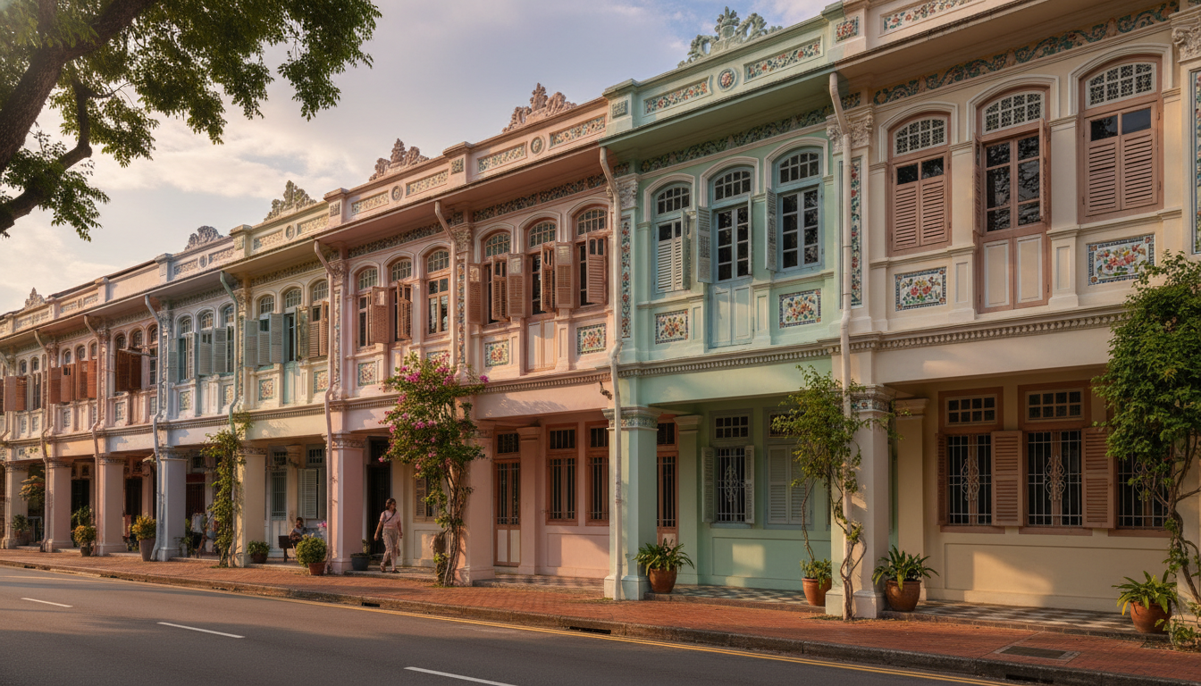 Image: A row of beautifully preserved Peranakan shophouses on Koon Seng Road in Singapore, showcasing intricate pastel-colored facades, ornate ceramic tiles, and decorative motifs under a warm, late afternoon sun.