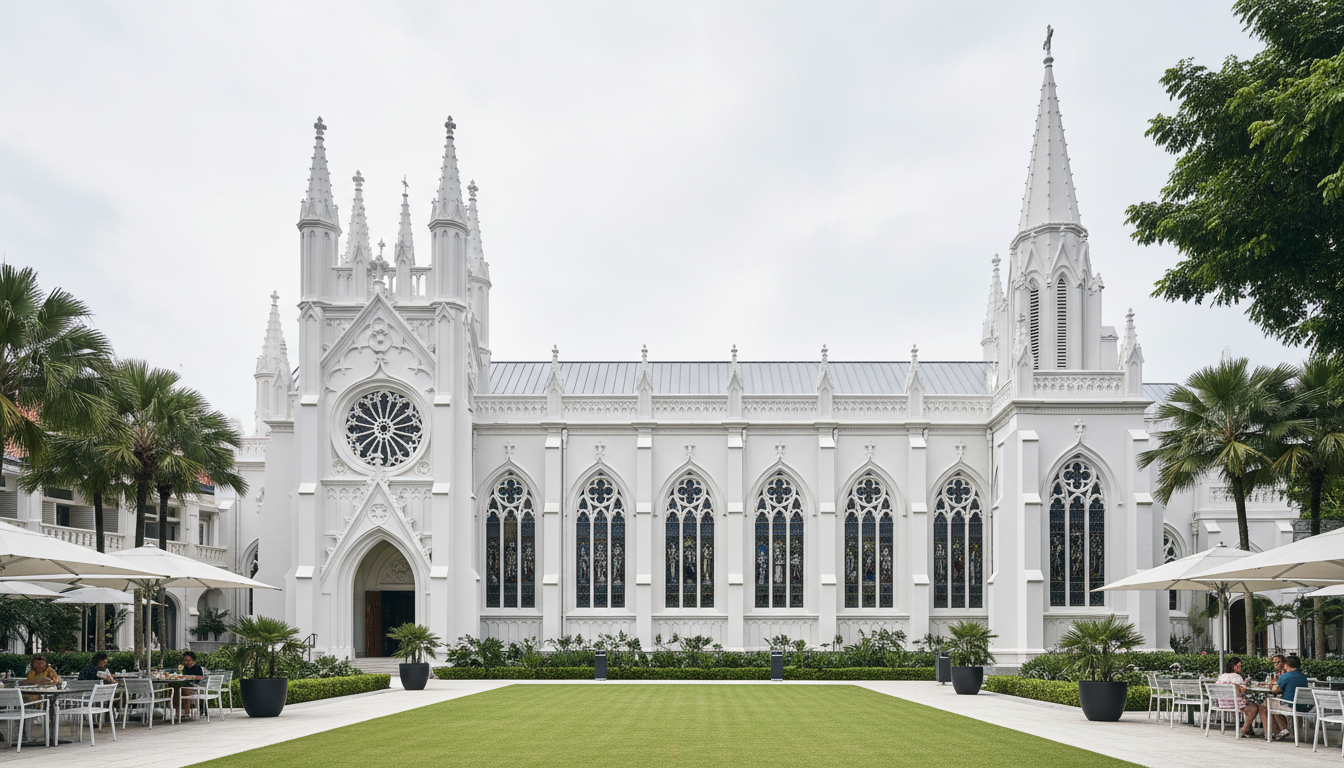 Image: The stunning, Gothic-style Chapel at Chijmes in Singapore, with its pristine white facade, intricate architectural details, and tall stained-glass windows, surrounded by lush green lawns and modern outdoor dining areas under a soft, diffused daylight.