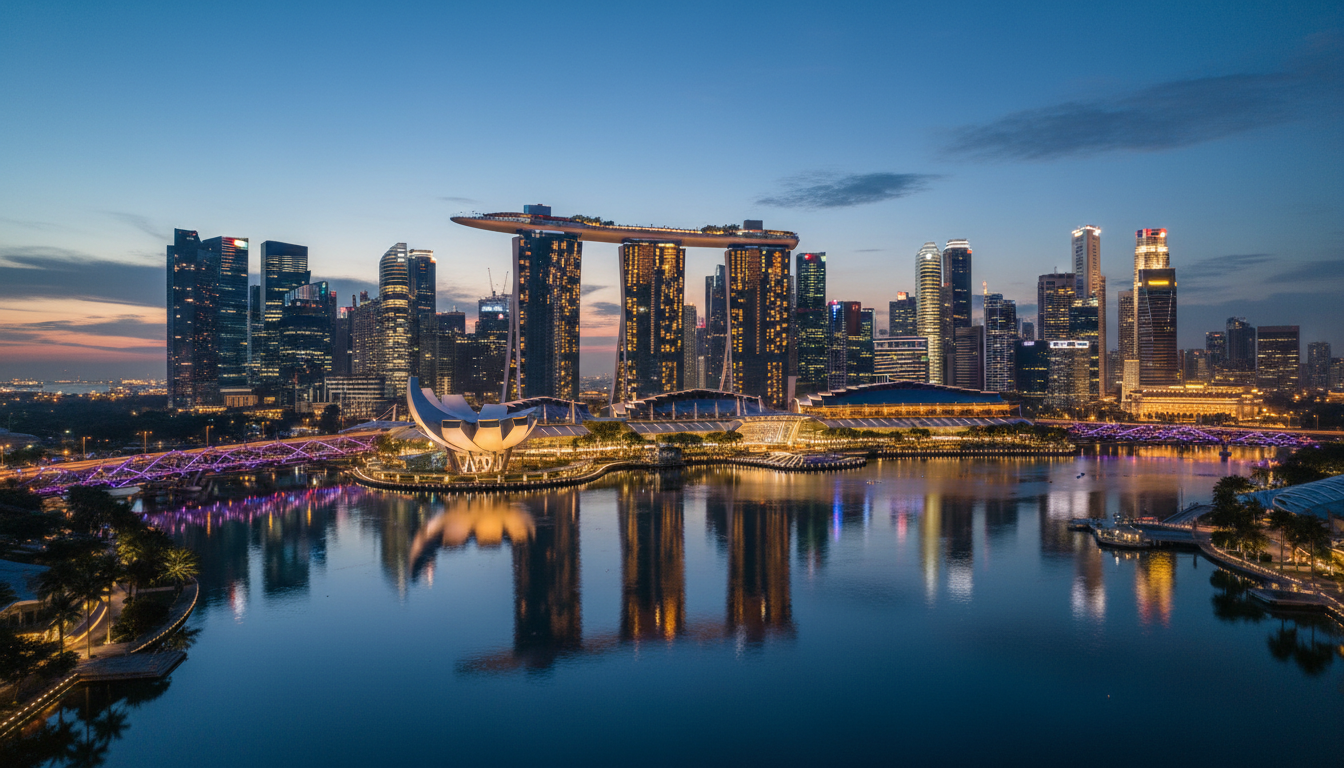 Image: A wide-angle shot of the Marina Bay Sands skyline at dusk, with the iconic three towers and SkyPark illuminated against a twilight sky, reflecting in the calm waters of Marina Bay, showcasing Singapore's modern architectural grandeur.