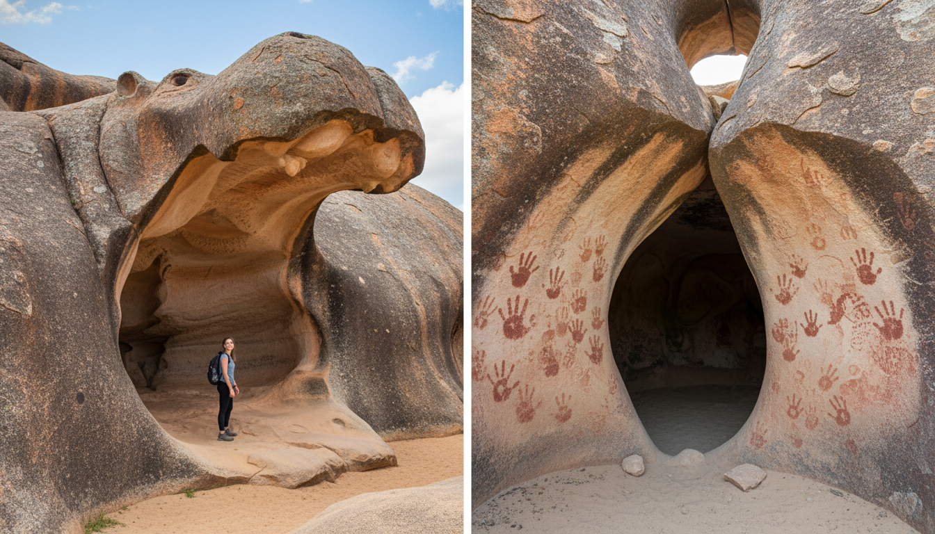 Image: A composite image showing two distinct rock formations near Wave Rock. On the left, 'Hippo's Yawn' - a large granite cavern resembling a hippopotamus's open mouth, with a person standing inside for scale. On the right, the entrance to 'Mulka's Cave' with visible ancient Aboriginal hand stencils on the rock walls, bathed in soft, natural light.