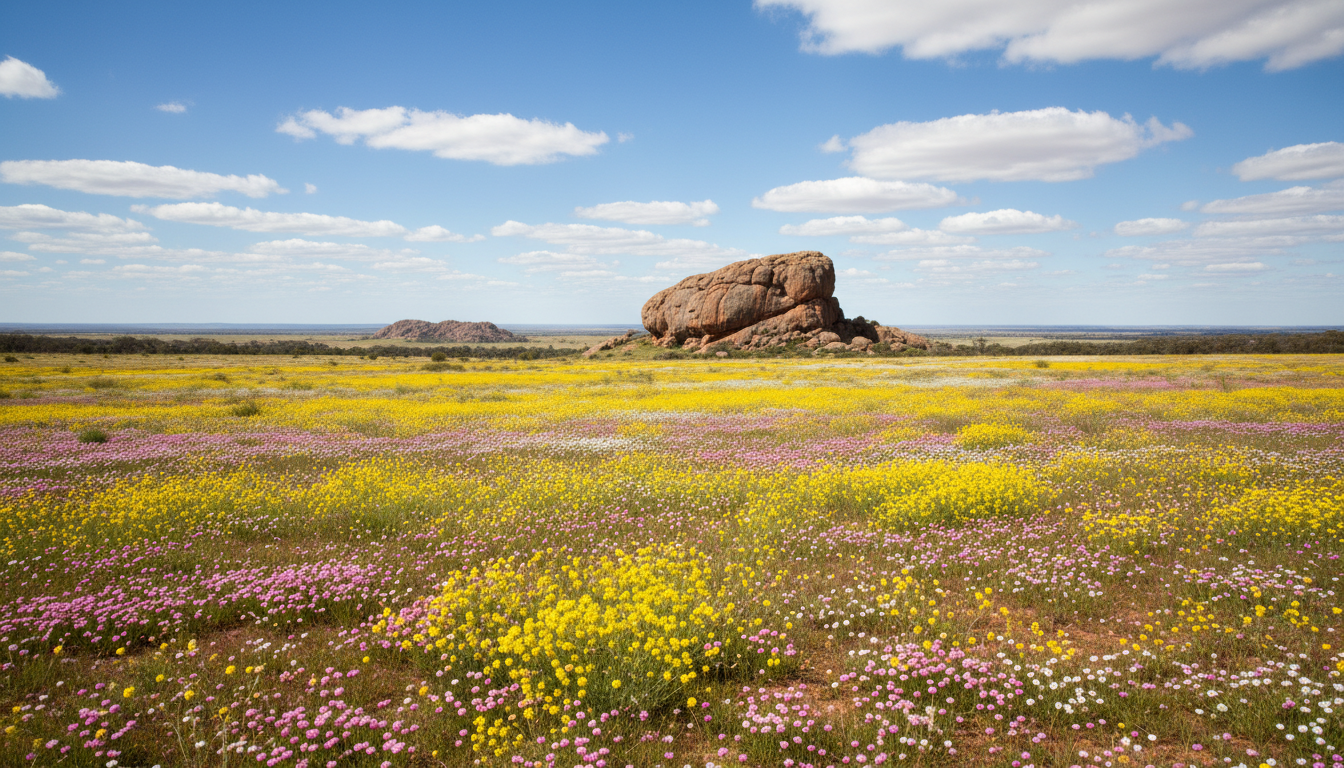 Image: A breathtaking panoramic view of the Western Australian Wheatbelt in spring, showing vast fields carpeted with vibrant wildflowers in shades of yellow, pink, and white, stretching towards the horizon. In the mid-ground, a glimpse of the rugged, ancient granite of Wave Rock or another similar formation rises majestically, contrasting with the colourful flora. The sky is clear blue with soft clouds.