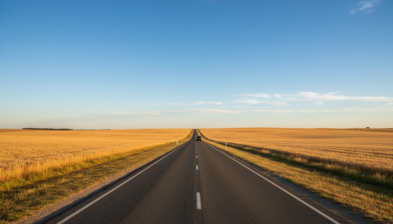 Image: A serene, wide-angle shot of a long, straight country road cutting through the vast Western Australian Wheatbelt. The road is flanked by golden fields of wheat under a clear, expansive blue sky with a few wispy clouds. A single vehicle (possibly an SUV or 4x4) is visible in the distance, emphasizing the feeling of a long journey.