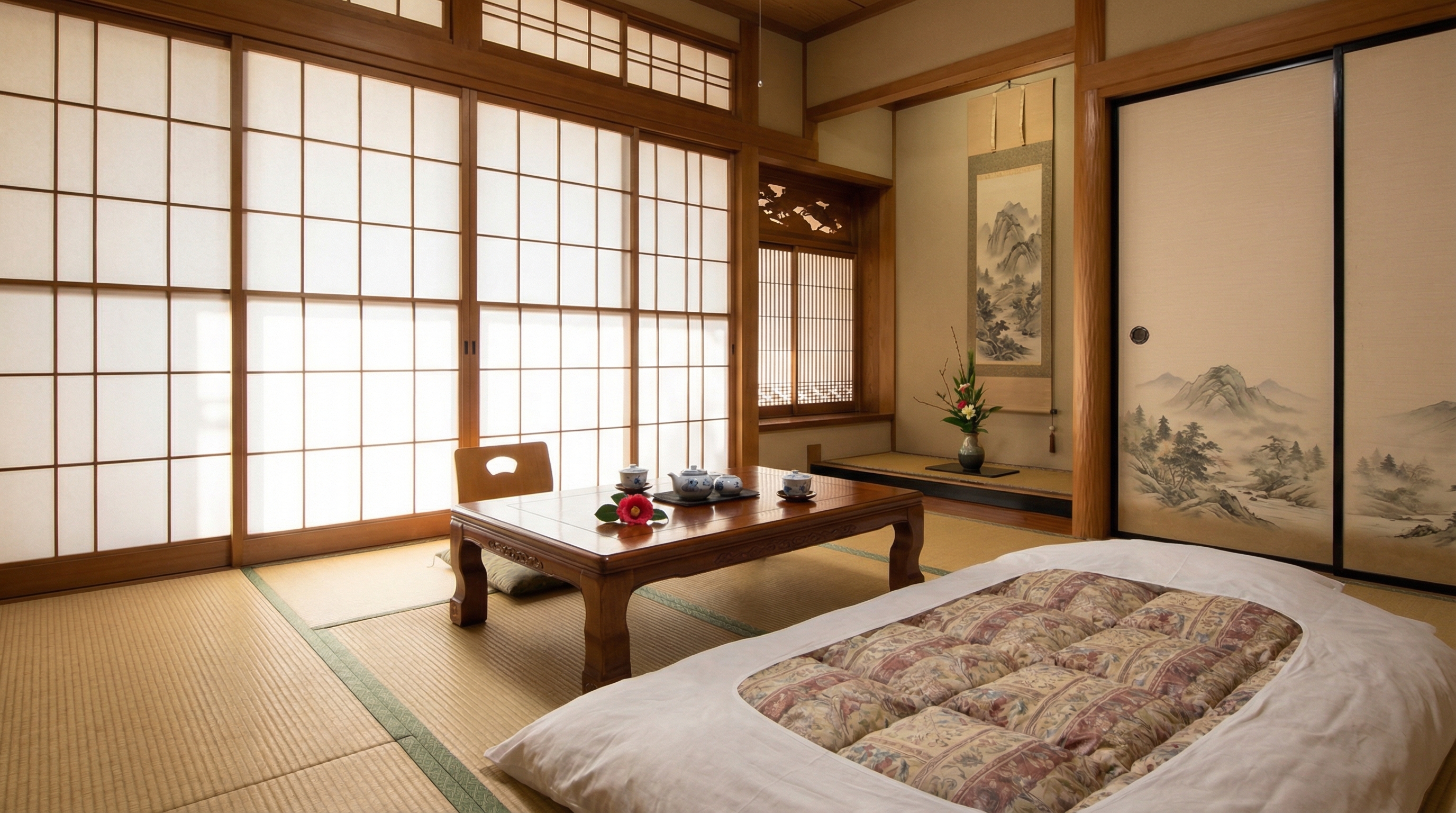 Image: A traditional Japanese ryokan interior with tatami mats, sliding shoji screens, a low wooden table with tea, and a futon laid out. The room is softly lit and peaceful.