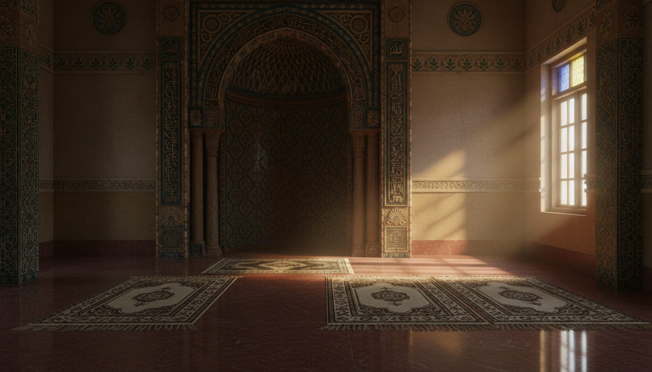 Image: A serene interior shot of a Cham mosque in Chau Doc, showing intricate geometric patterns, a mihrab, and prayer rugs, with soft light filtering through a window.