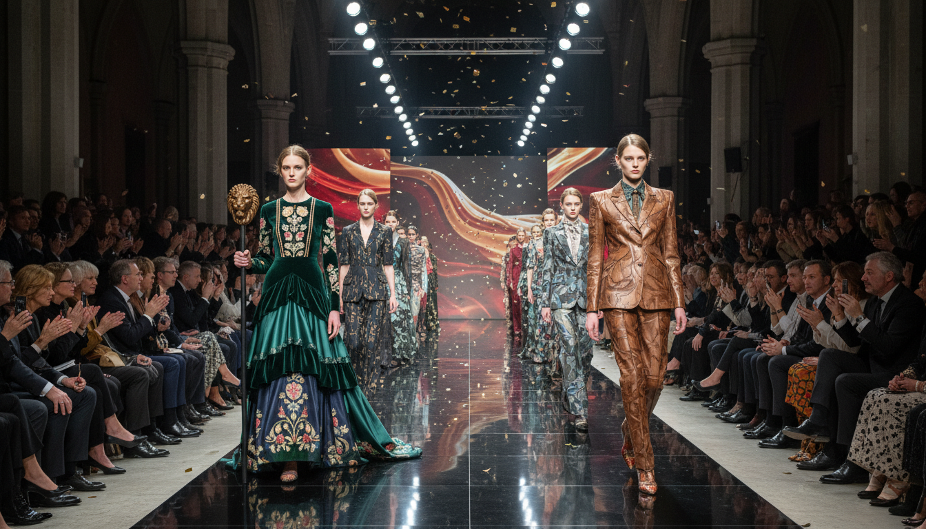 Image: A high-fashion runway show in Milan. Models walk down a dramatic, artfully lit runway wearing intricate, luxurious Italian designs. The audience, stylishly dressed, watches intently, captivated by the spectacle and the emotional narrative conveyed by the collection.