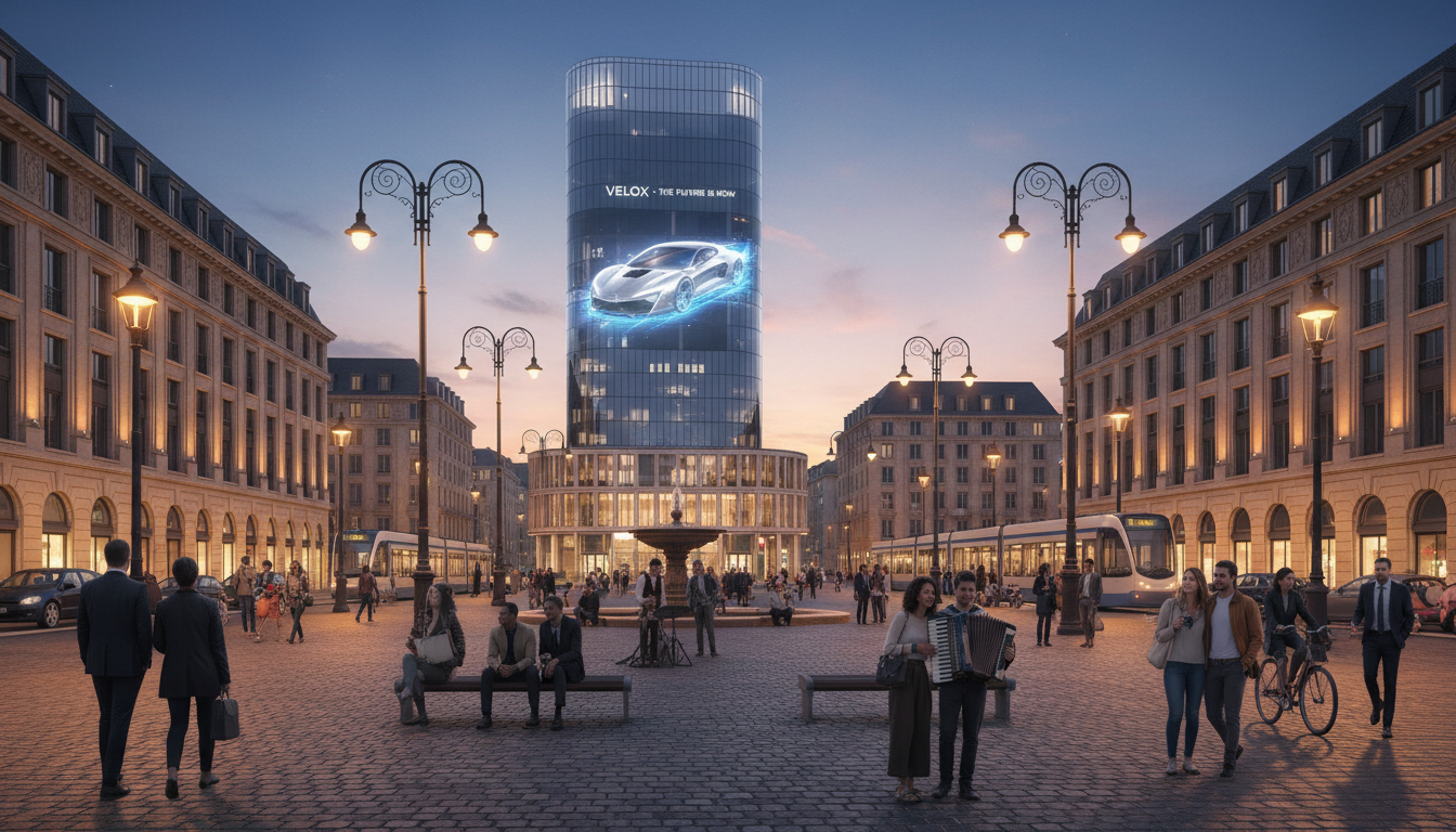 Image: A bustling European city square at dusk, blending historic architecture with modern elements. A traditional cobblestone street is illuminated by stylish streetlights, while in the background, a sleek, minimalist building features a large, dynamic digital billboard displaying a futuristic product advertisement. People of diverse backgrounds are casually interacting in the square.