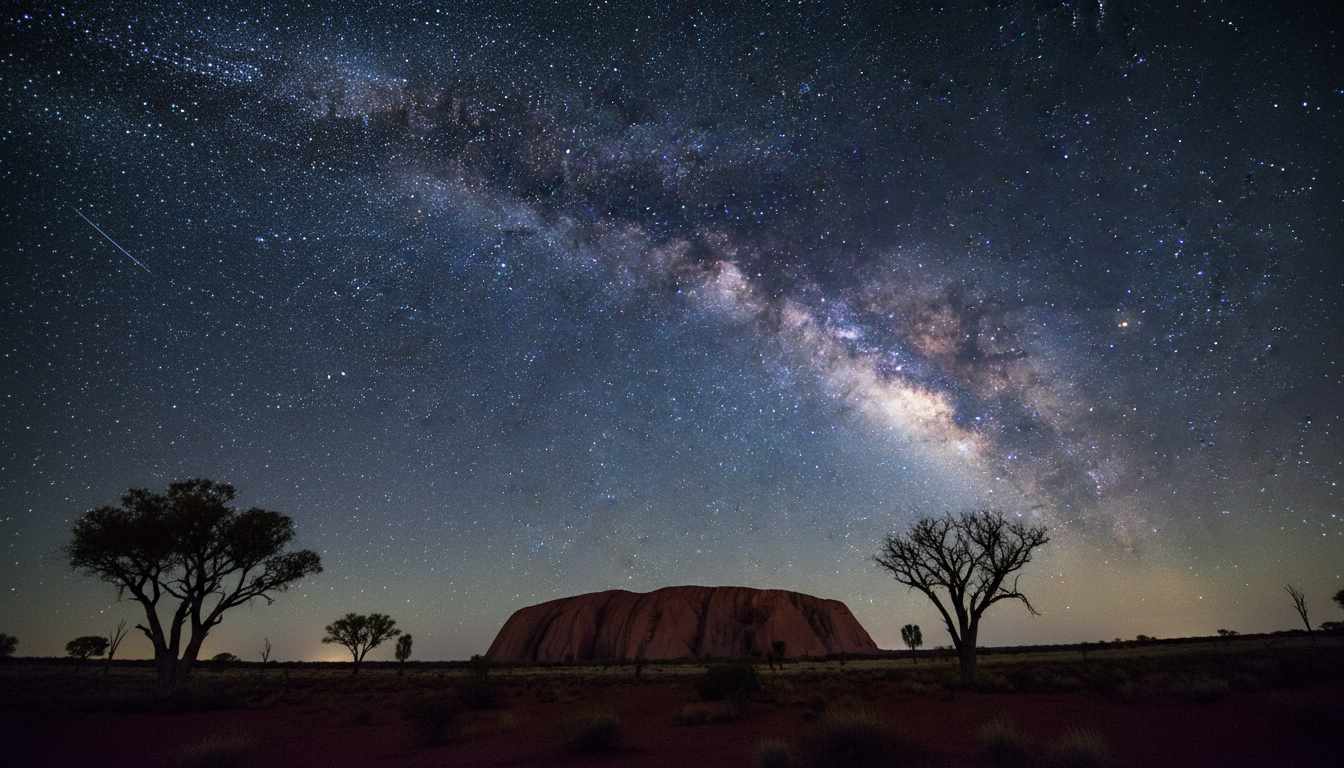 Image: A breathtaking nightscape of the Australian outback, with the Milky Way arching prominently over a silhouetted landscape, possibly featuring a unique rock formation or sparse vegetation. The sky is filled with countless stars, vibrant and clear, hinting at the profound darkness of the location.