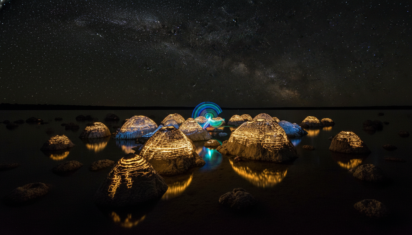 Image: A captivating night photograph of the Lake Clifton Thrombolites, artfully illuminated by light painting. The ancient, textured rock formations glow with a soft, warm light against a backdrop of a clear, star-filled sky. The light painting highlights the unique shapes and details of the thrombolites, making them stand out dramatically from the surrounding darkness.