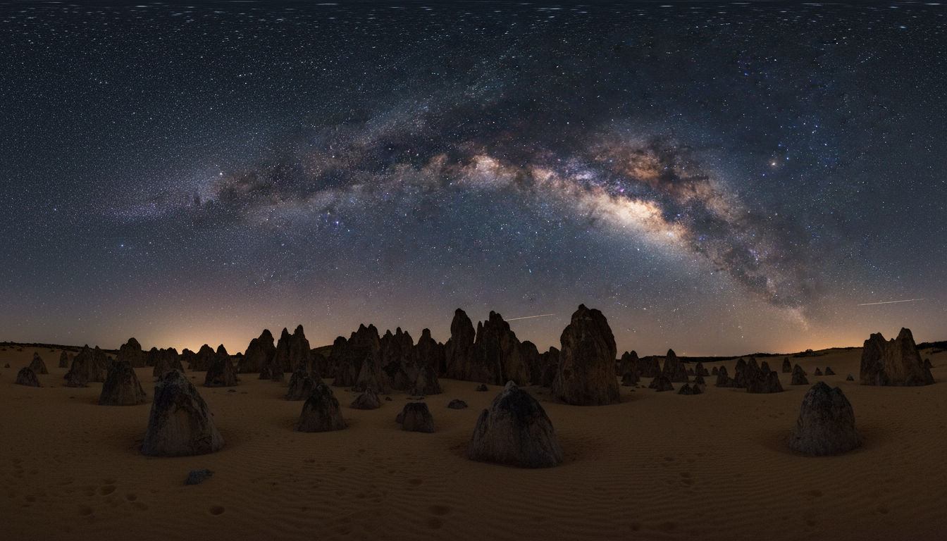 Image: A stunning panoramic nightscape image of the Pinnacles Desert under a brilliant, star-filled sky. The Milky Way's luminous band arches across the frame, perfectly aligned over a cluster of the unique limestone pillars. Some star trails might be subtly visible, but the focus is on the sharpness and clarity of the galactic core and the dramatic silhouettes of the Pinnacles.