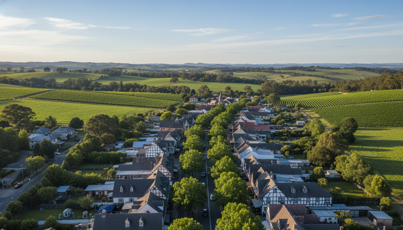 Image: A charming aerial view of Hahndorf village nestled within the rolling green hills of the Adelaide Hills, showcasing its distinctive German-style architecture, lush vineyards, and the winding Main Street.