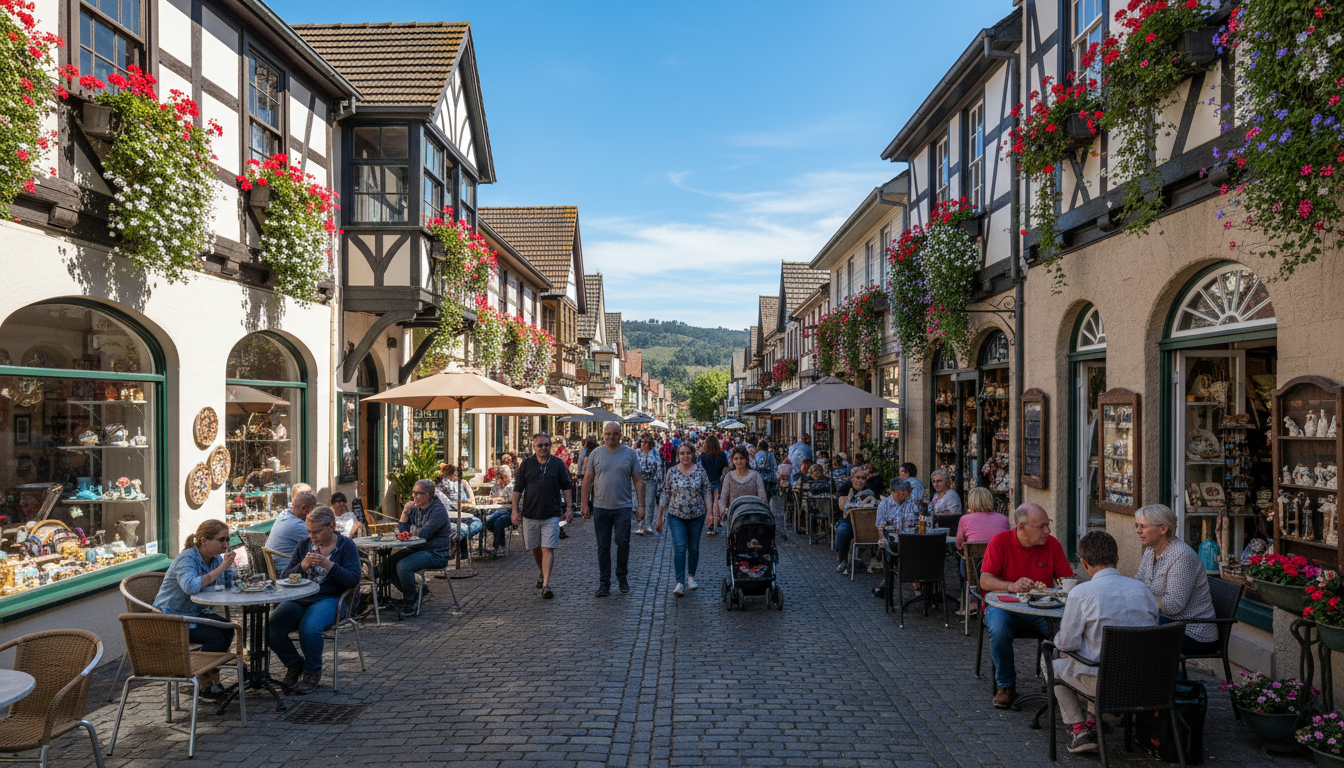 Image: A bustling Main Street in Hahndorf, South Australia, with several historic German-style buildings featuring half-timbered facades and blooming flower boxes. People are strolling, enjoying outdoor cafes, and browsing artisan shops under a clear blue sky.