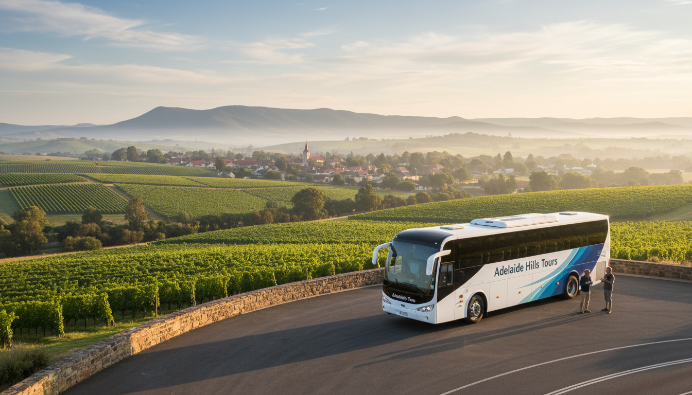 Image: A modern tour bus parked on a scenic overlook in the Adelaide Hills, with rolling vineyards and the distant outline of Hahndorf village visible below, under a soft morning light.