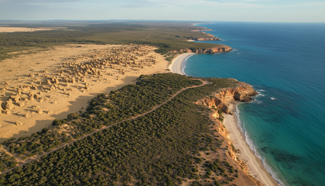 Image: An aerial view of Nambung National Park, showcasing the contrast between the yellow Pinnacles Desert and the turquoise waters of the Indian Ocean, with coastal heathlands and rugged cliffs connecting the two landscapes.