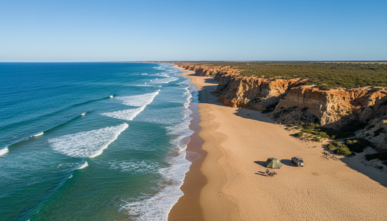 Image: A sweeping aerial view of the Yorke Peninsula coastline, showcasing vast stretches of golden sand, turquoise waters, and rugged cliffs under a clear blue sky. A single, remote campsite with a small tent is visible on the beach, emphasizing solitude and natural beauty.
