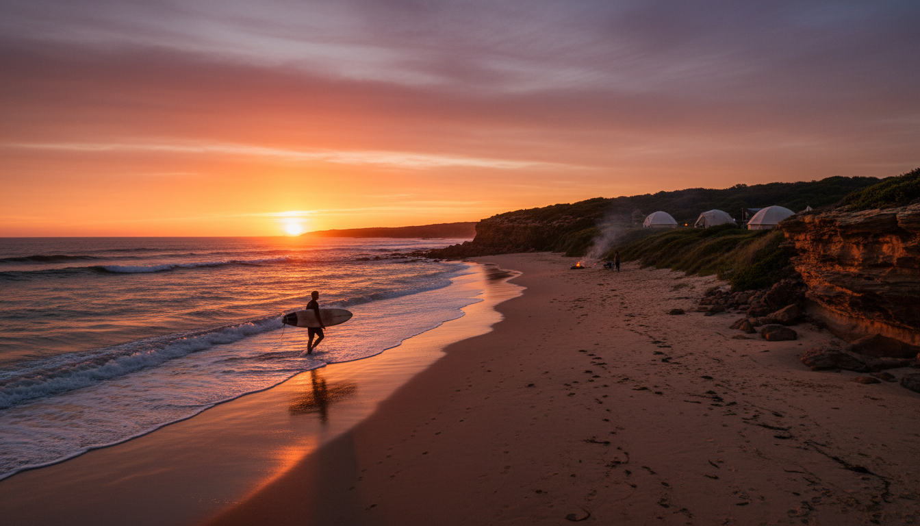 Image: A vibrant sunset over a beach in Dhilba Guuranda-Innes National Park, with a surfer walking out of the water carrying a board, silhouetted against the orange and purple sky. A few scattered tents are visible on a grassy dune behind the beach, suggesting a peaceful camping scene.