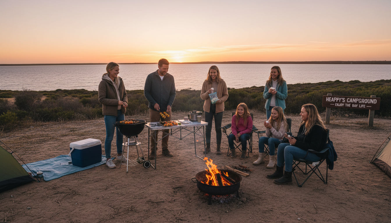 Image: A group of friends or a family happily setting up a BBQ at a designated campsite overlooking a calm bay on the Yorke Peninsula at dusk. A simple campfire is lit, and people are laughing, emphasizing affordable, joyful outdoor living.