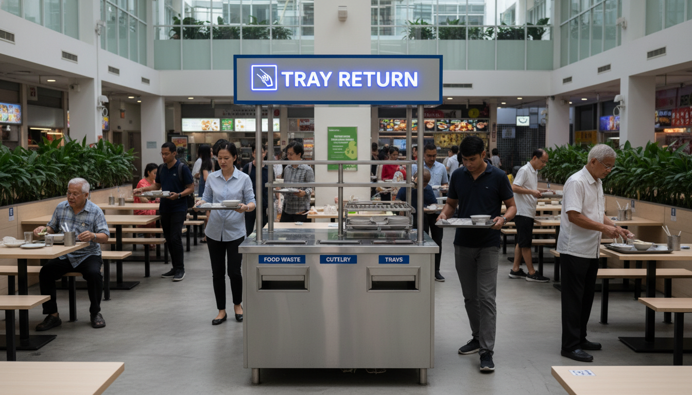 Image: A clean, modern Singaporean food court with a clearly marked "Tray Return" station. A diverse group of diners are seen clearing their tables and depositing trays, showing a sense of order and cleanliness.