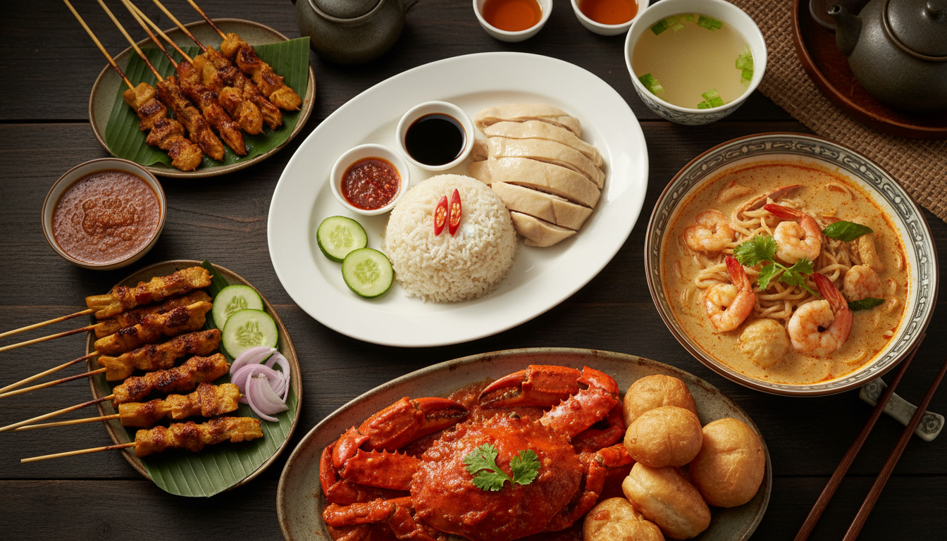 Image: A beautifully composed flat lay of several iconic Singaporean dishes. Include a plate of Hainanese Chicken Rice, a bowl of Laksa, a plate of Chili Crab with its rich sauce, and a serving of Satay skewers. The lighting is warm and inviting, showcasing the vibrant colors and textures of the food.