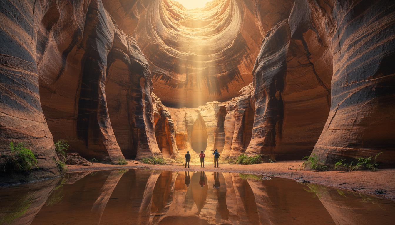 Image: Inside Cathedral Gorge, a vast natural amphitheatre carved into orange and black striped sandstone. Sunlight streams down from an opening above, illuminating a serene pool of water at the base, reflecting the towering rock walls. A few small figures are visible, giving a sense of scale.