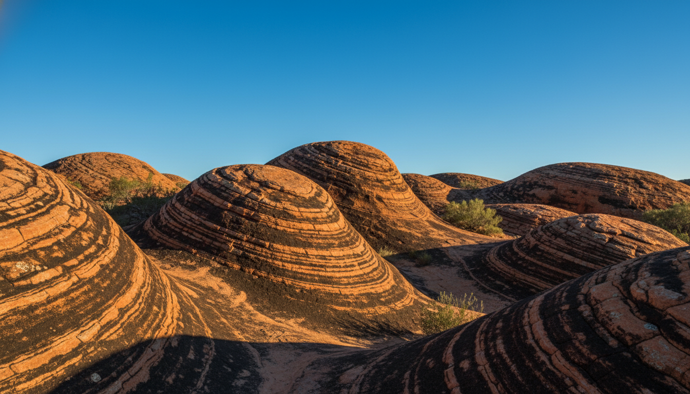Image: A close-up shot of the distinctive orange and black striped sandstone domes of the Bungle Bungles, showcasing the intricate banding pattern. The sun highlights the textures and colors, with a clear blue sky above.