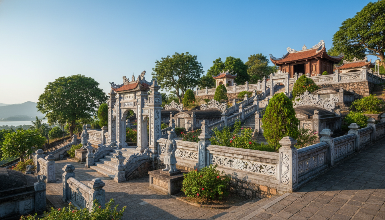 Image: A serene, wide-angle shot of the Mạc Cửu Family Tombs complex on a gentle hillside, with traditional Vietnamese architectural elements, intricate stone carvings, lush green trees, and a clear blue sky. The complex features multiple ancient tombs with ornate roofs and statues, radiating a sense of historical grandeur and peaceful reverence.