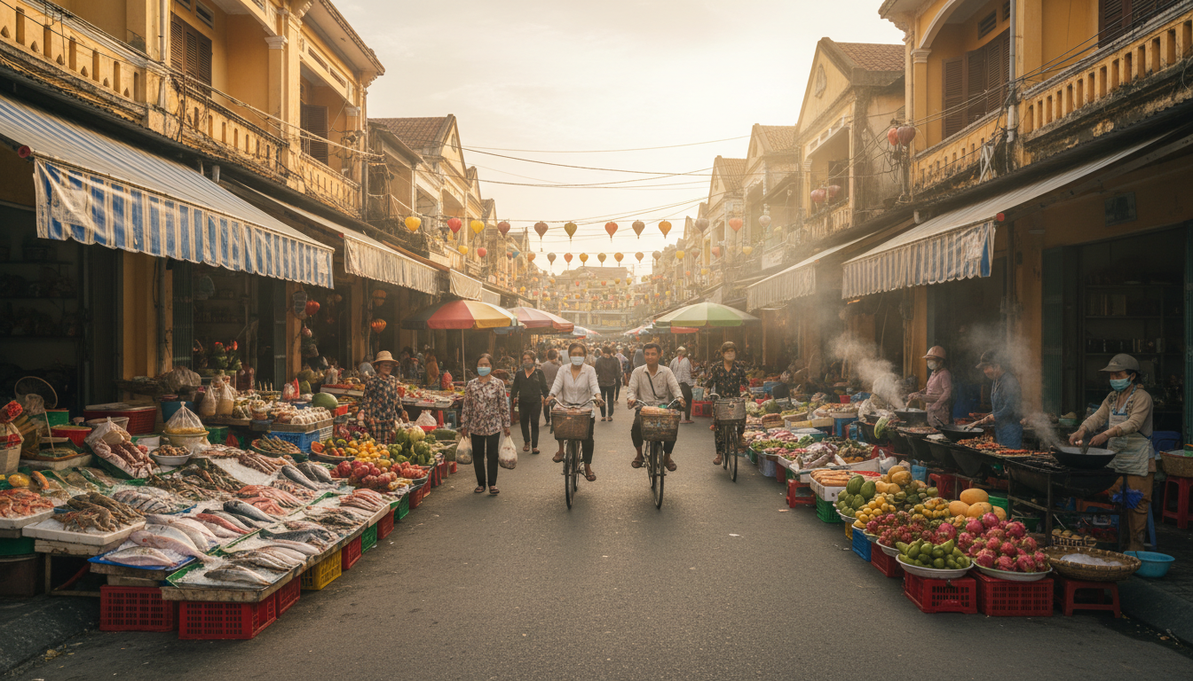Image: A vibrant and bustling street scene in Ha Tien, Vietnam, showcasing a lively local market with vendors selling fresh seafood, exotic fruits, and street food. People are walking and cycling, with traditional Vietnamese shop houses lining the street, reflecting the city's rich culinary and cultural life under a warm, sunny sky.
