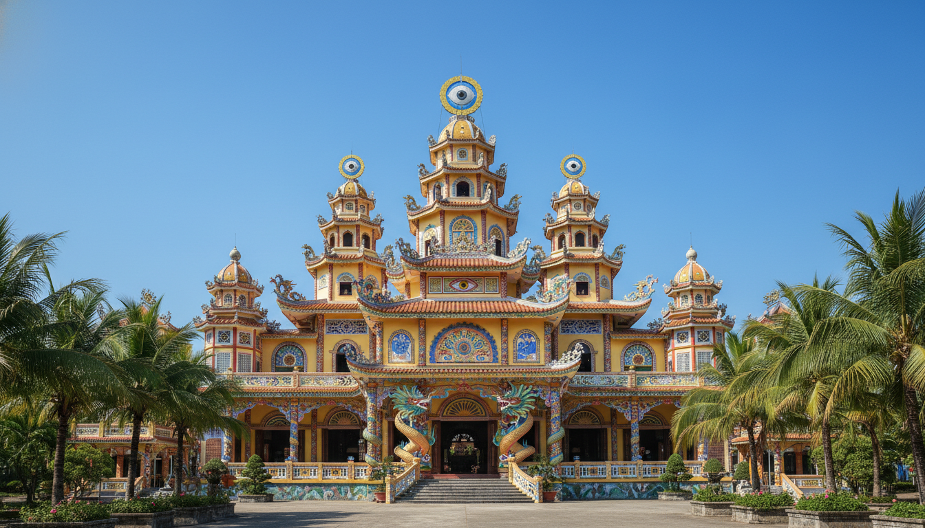Image: A wide shot of the Cao Dai Holy See in Tay Ninh, Vietnam, showcasing its vibrant, multi-colored exterior, intricate dragon sculptures, and onion-domed towers under a clear blue sky.