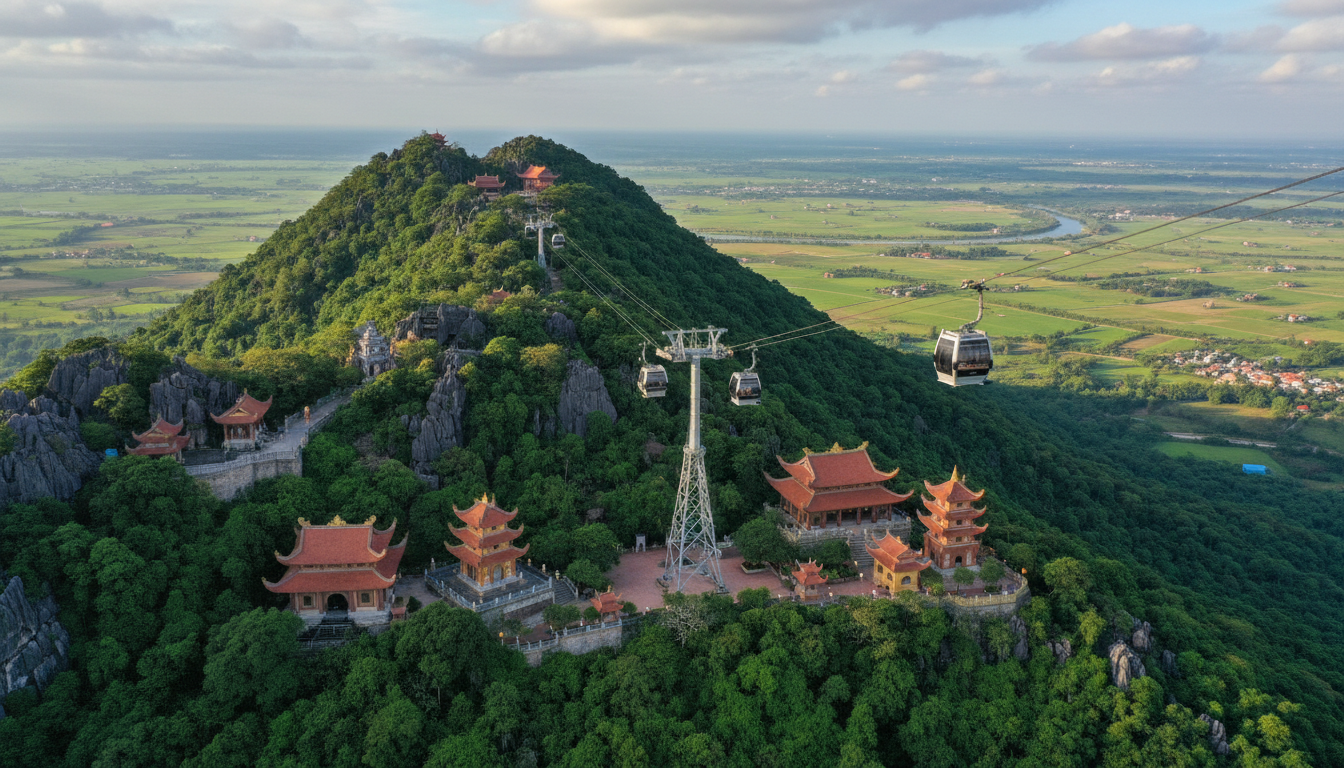 Image: A breathtaking aerial view of Ba Den Mountain (Black Virgin Mountain) in Tay Ninh, Vietnam, showing its lush green slopes, a modern cable car ascending, and several traditional pagodas nestled into the mountainside. The surrounding plains stretch into the distance under a partly cloudy sky.