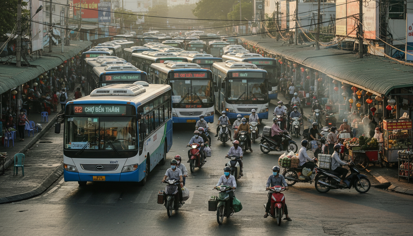 Image: A bustling, vibrant bus station in Ho Chi Minh City, Vietnam, with numerous public buses, motorbikes, and local people moving around. The scene is full of authentic street life and energy, reflecting everyday travel.