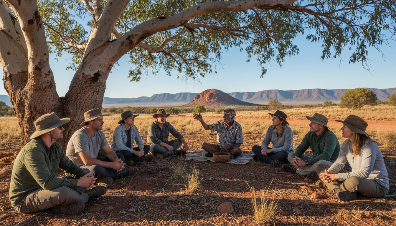 Image: A group of travelers respectfully listening to an Aboriginal elder sharing stories about the land under the shade of an ancient gum tree in the Flinders Ranges. The elder is pointing towards a distant rocky outcrop, with the group showing engaged expressions.