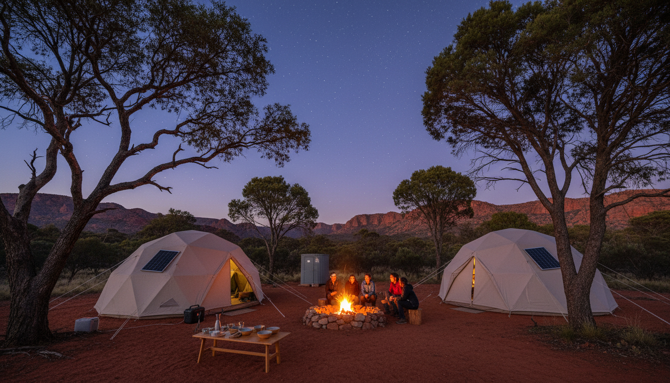 Image: A beautifully set up, sustainable campsite at dusk in the Flinders Ranges. A small, contained campfire glows softly in a designated fire pit, surrounded by sturdy tents. The sky above is beginning to show stars, and native Australian trees frame the scene.
