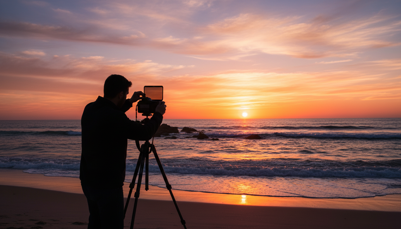 Image: A vibrant sunset over the Indian Ocean near Perth. A photographer is silhouetted against the colorful sky, adjusting a graduated neutral density (GND) filter on their camera lens, which is mounted on a sturdy tripod. The sky transitions from fiery orange to soft pink and blue.