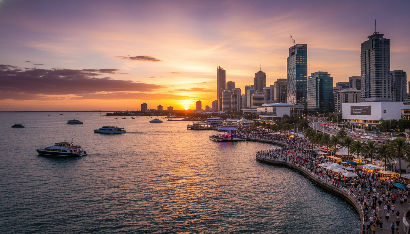 Image: A panoramic view of Darwin's vibrant city skyline at sunset, with the sparkling Timor Sea in the foreground and a bustling waterfront precinct, reflecting the multicultural energy of the city.
