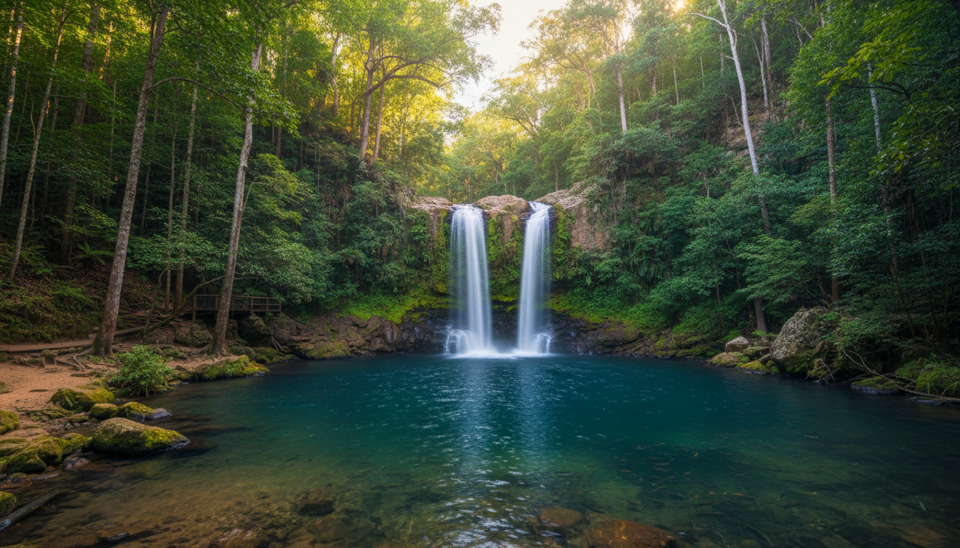 Image: The iconic Florence Falls in Litchfield National Park, with crystal-clear water cascading into a deep plunge pool surrounded by lush green monsoon rainforest, sunlight dappling through the canopy.