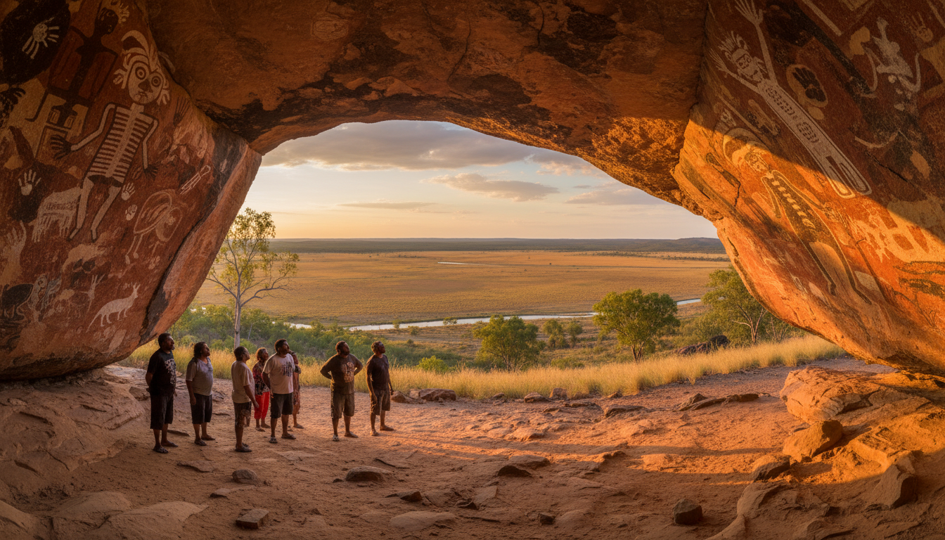 Image: An ancient Aboriginal rock art site at Ubirr in Kakadu National Park, showing detailed paintings of ancestral spirits and animals on a rock overhang, with a vast, golden floodplain visible in the distance at sunset.