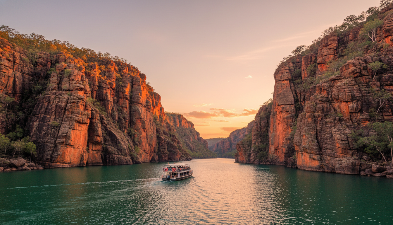 Image: A serene long-shot of the Nitmiluk Gorge (Katherine Gorge), showing a tour boat gently navigating through the calm, emerald waters between towering, ancient sandstone cliffs that glow orange in the late afternoon sun.