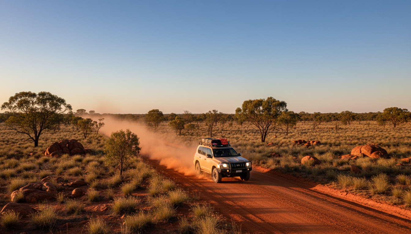 Image: A well-maintained 4WD vehicle driving on a dusty, unsealed red dirt road through the Australian outback, with sparse scrubland and a vast blue sky overhead, emphasizing the feeling of remote adventure.