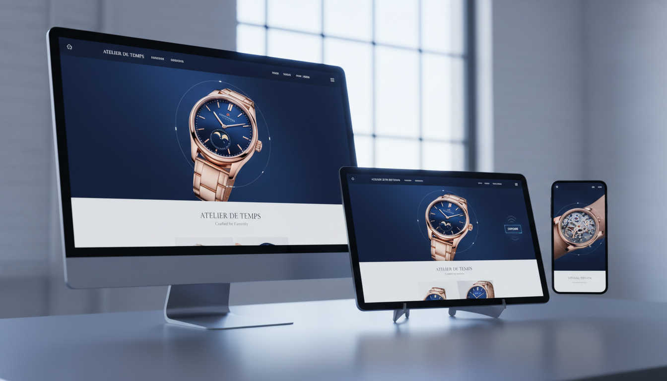 Image: A modern, minimalist digital interface displayed across multiple screens (desktop, tablet, smartphone), showcasing a luxury brand